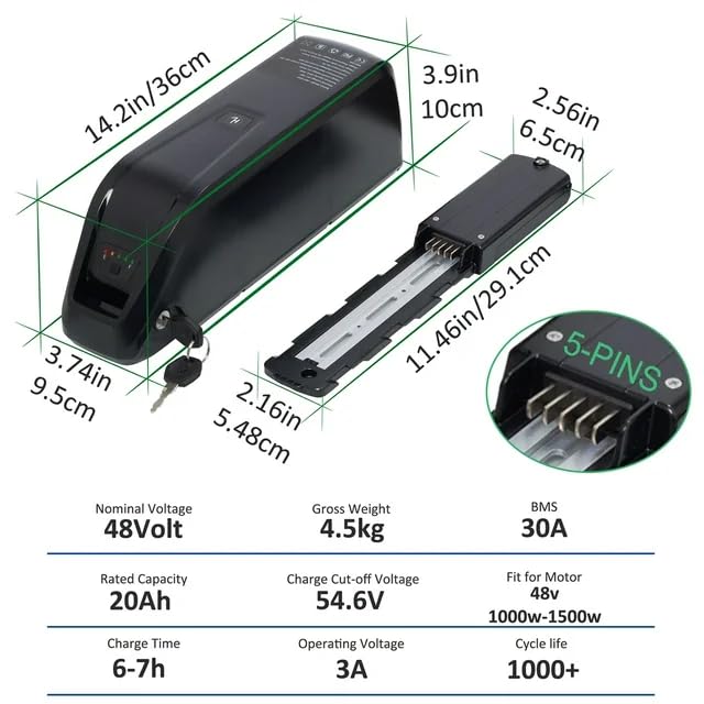 Ebike Battery 36V 48V 52V Lithium Battery 10AH 15AH 20AH Electric Bike Battery with Charger, Safe Lock, Led Indicator Light, for 200-1500W Electric Bike,Motorcycle (5-Pin) (48V 10AH)