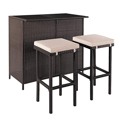 SUNCROWN Outdoor Bar Set 3-Piece Brown Wicker Patio Furniture - Glass Bar and Two Stools with Cushions for Patios, Backyards, Porches, Gardens or Poolside