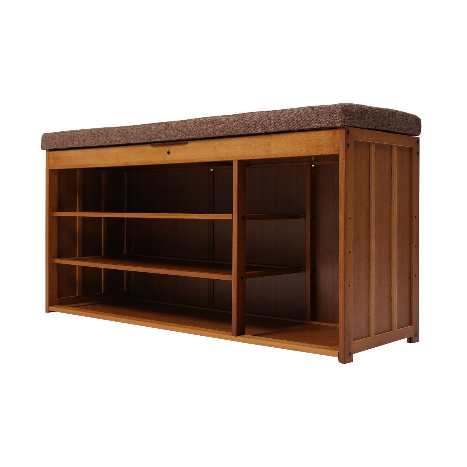 3 Tier Brown Shoe Bench Bamboo Shoe Rack Storage Cabinet Organizer W/Cushion for Entryway Bedroom