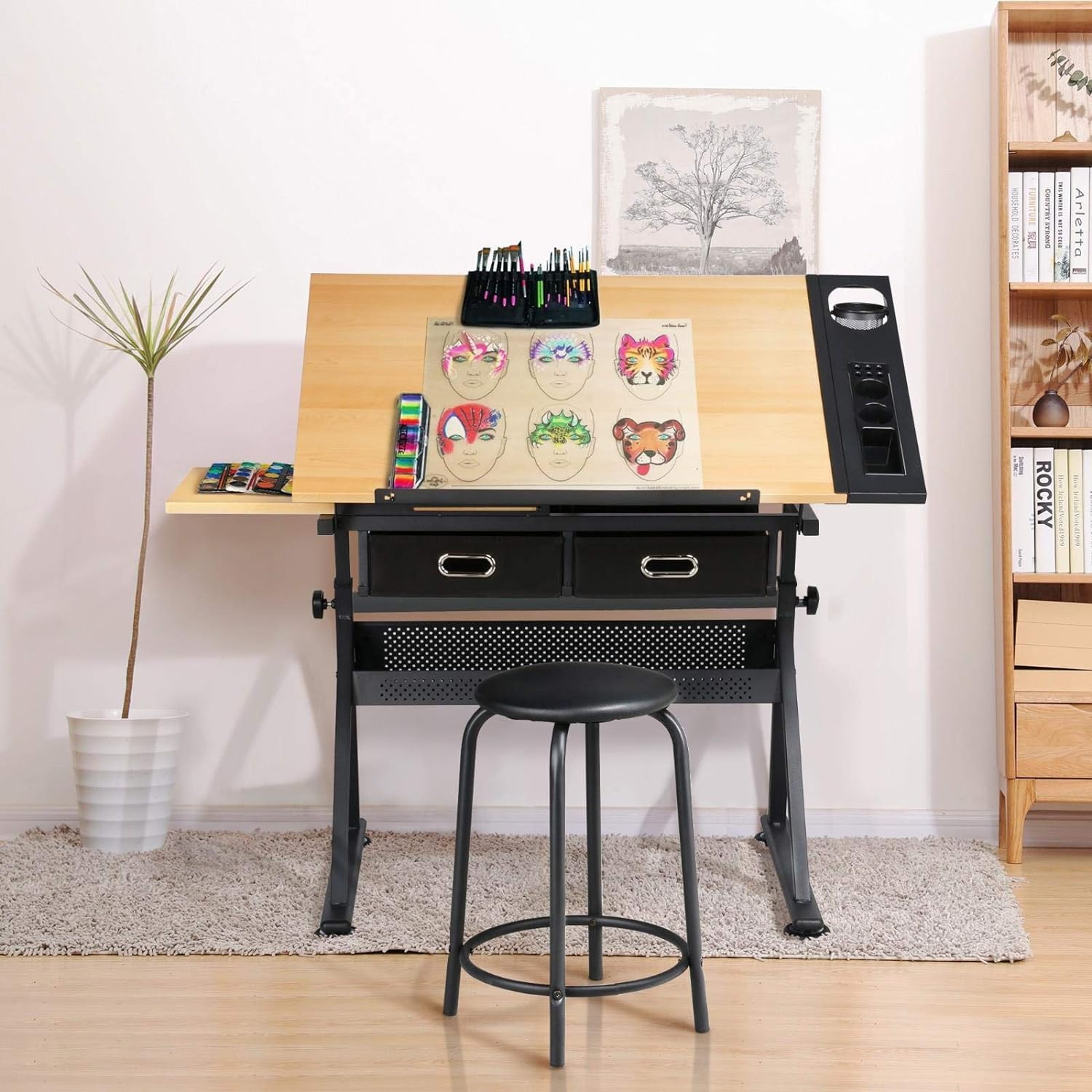 Height Adjustable Drafting Table Drawing Table Artist Desk Tilting Tabletop Art Craft Desk Watercolor Paintings Sketching Work Station Storage Drawers and Stool