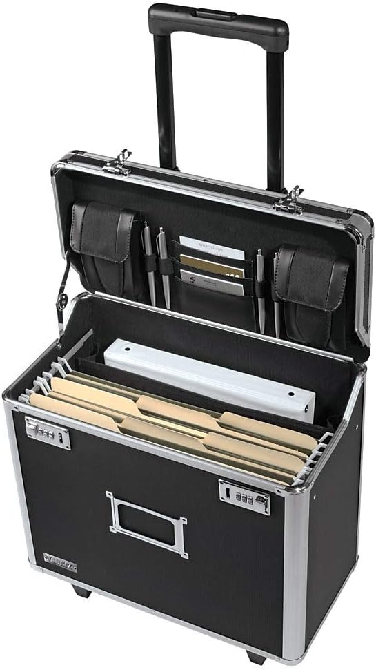 Vaultz Portable File Box with Handle - 15 x 14 x 17 Inch Letter/Legal Size Mobile Lock Box with Wheels for Filing & Storage - Double Combination Locking Cabinet - Tactical Black
