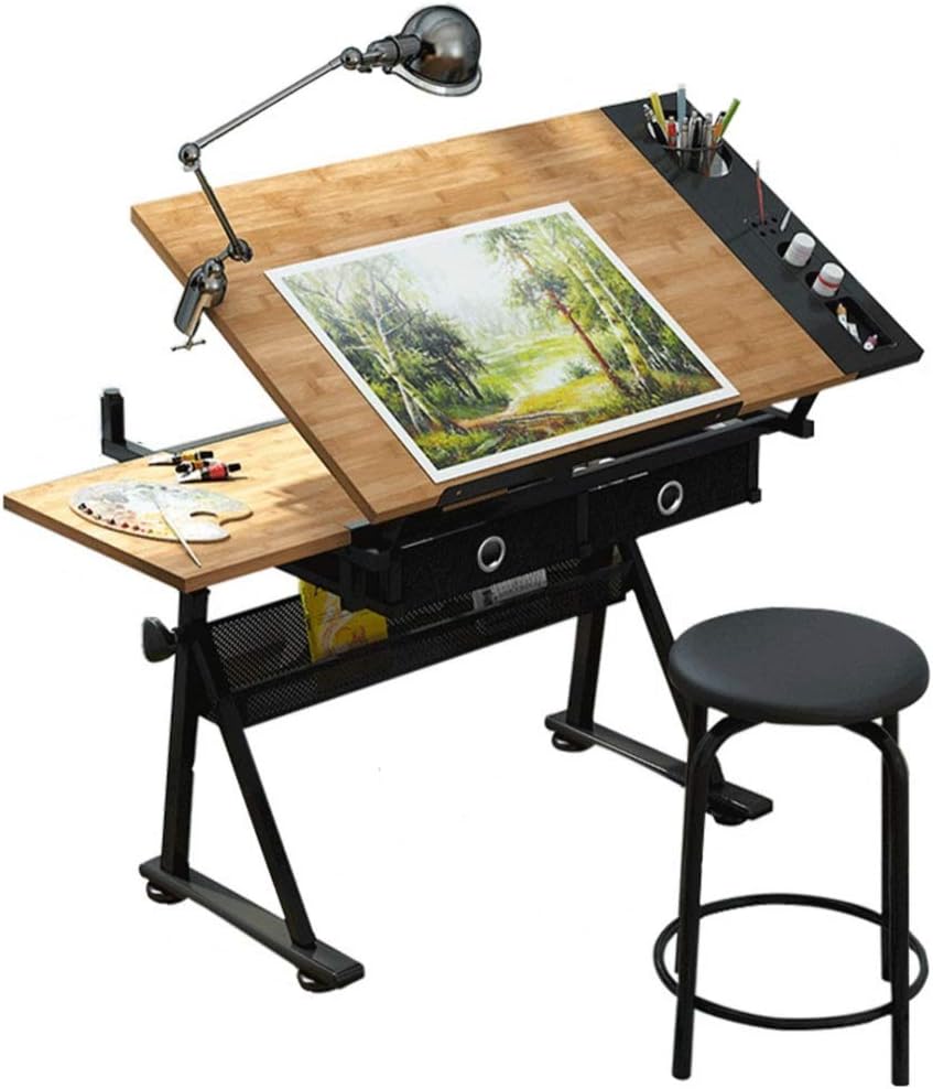 HONGYANG Drafting Desk, Height Adjustable Drawing Desk, Tiltable Craft Table with Storage, Maple Panel Art Desk, for Home Office Drafting Table