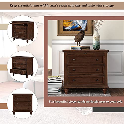 Knocbel 3-Drawer Nightstand with Pull-Out Tray, Wooden Bedside Night Stand Sofa Side End Table with Legs, 110lbs Weight Capacity, 28.1" H x 28" W x 16.9" D (Blue)