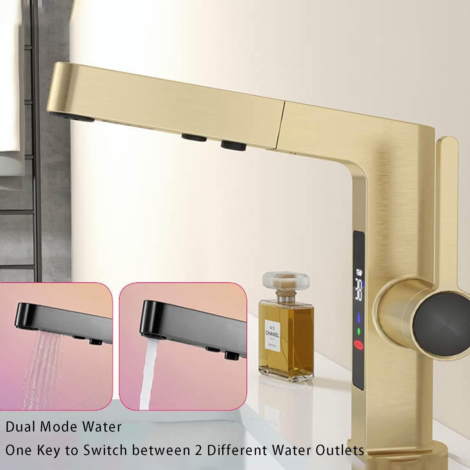Sink Taps Mixer Tap, Bathroom Faucet with LED Digital Display, Bathroom Sink Faucet with 2- Modes Pull Down Sprayer, Brass Single Handle Basin Mixer Tap,Gray (Color : Rose Gold) (Bianco)