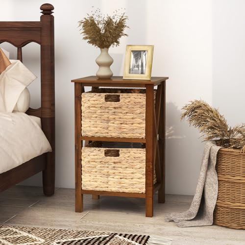Giantex 2-Tier Nightstand with Wicker Baskets Set of 2, Wooden X-Design Side Table End Table, Beside Table with Acacia Wood Legs, Mid Century Accent Storage Cabinet for Small Spaces, Bedroom, Walnut