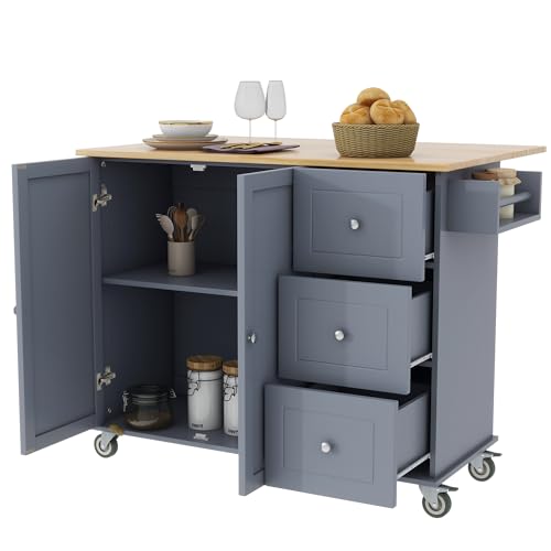 LUMISOL Kitchen Island on Wheels with Storage, Large Kitchen Island Cart with Drop Leaf, 52.7 Inch, Grey Blue
