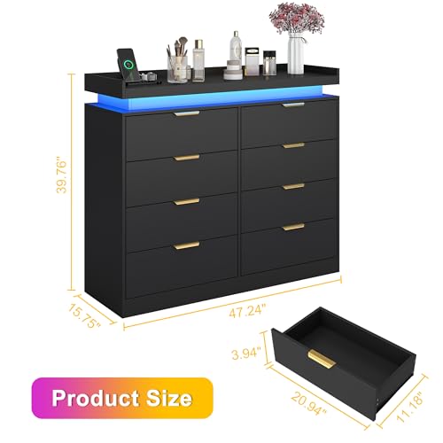 White Dresser with LED Lights, Wooden LED Dresser, 4 Drawer Chest with Charging Station, Tall Chest of Drawer Closet Organizer for Bedroom, Living Room, Entryway, Hallway