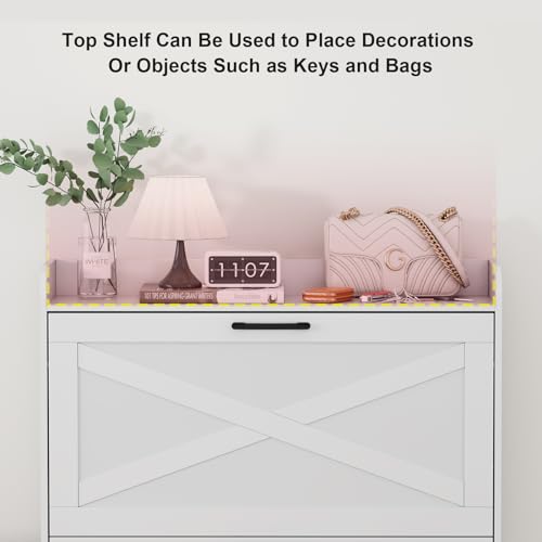 Shoe Storage Cabinet for Entryway with 2 Flip Doors, Hidden Shoe Storage Organizer with Metal Legs for Entryway, Closed Slim Shoe Rack Cabinet, White