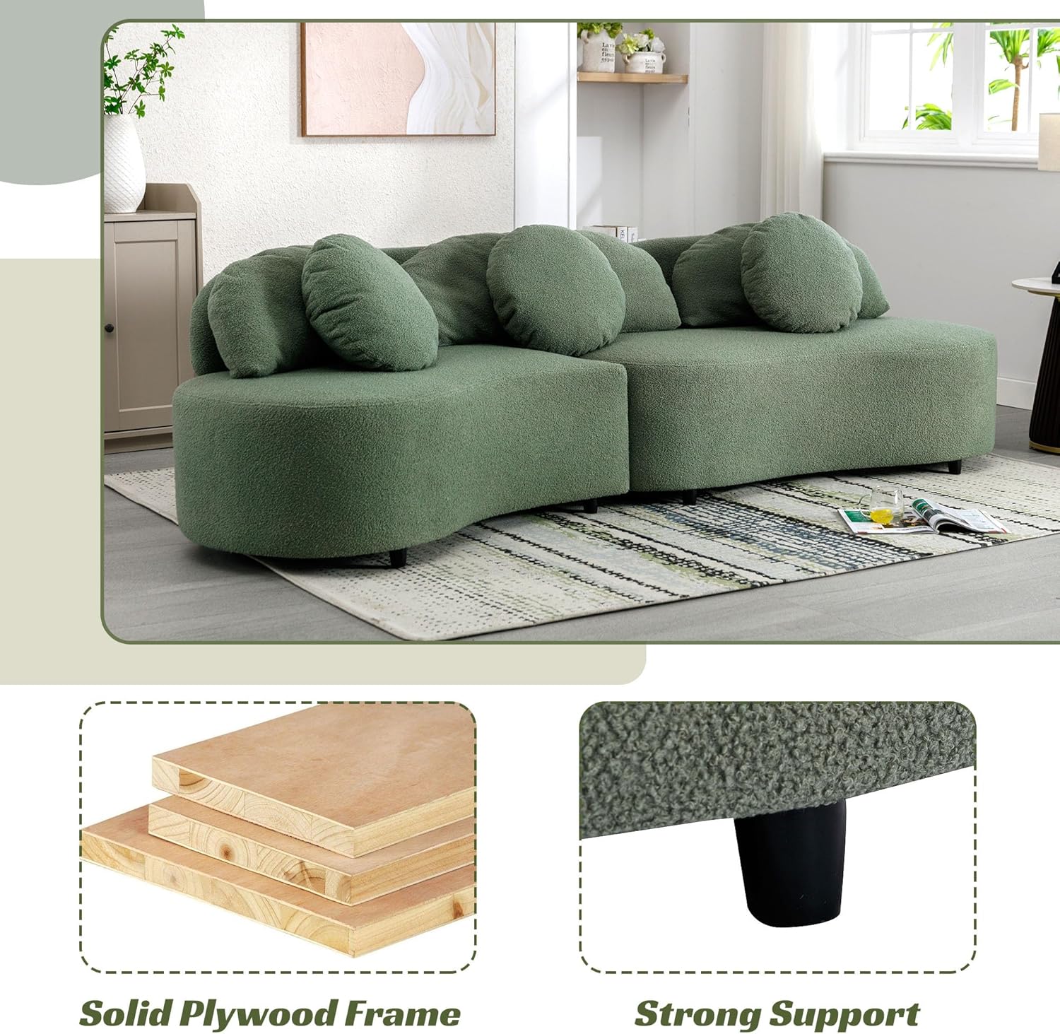 103.9" Modern Velvet Upholstered Sectional Sofa Curved Couch Living Room Furniture for Home Office, Green