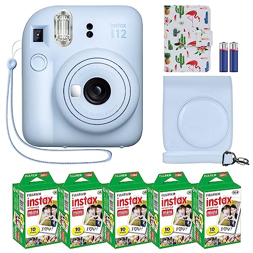 Fujifilm Instax Mini 12 Instant Camera + MiniMate Accessory Bundle & Compatible Custom Case + Fuji Instax Film Value Pack (50 Sheets) Flamingo Designer Photo Album (Clay White)