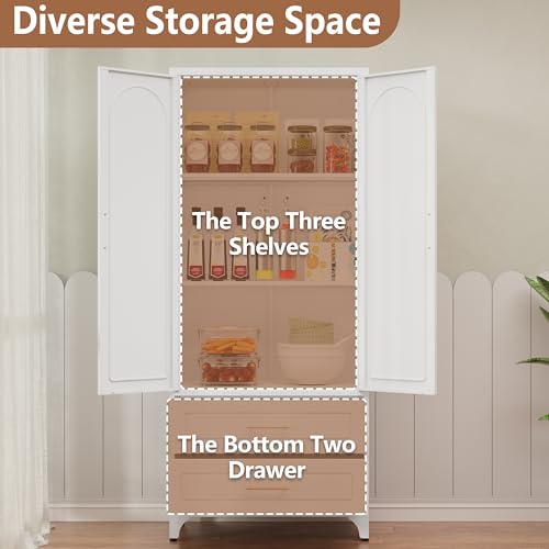 Metal Storage Cabinet with Doors and Shelves, 71 Inch Tall Kitchen Pantry Cabinet, Pantry Cabinets for Kitchen Storage, Freestanding Cupboard for Living, Dining Room, White, Assembly Required