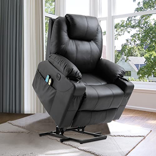 VIVIJASON Power Lift Chair Electric Recliner for Elderly Heated Vibration Massage Fabric Recliner Chair with 2 Remote Controls, Cup Holders, Side Pockets & USB Ports for Living Room (Grey)