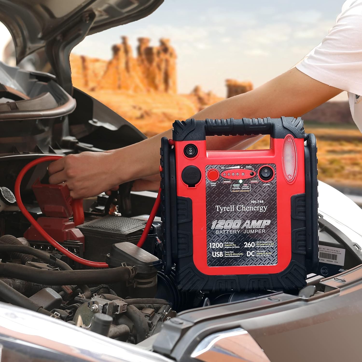 Jump Starter 1200Amp 12V Car Starter Power Station with 260 PSI Air Compressor 5V/2.1A USB DC Sockets 12V for Your Outdoor Trip