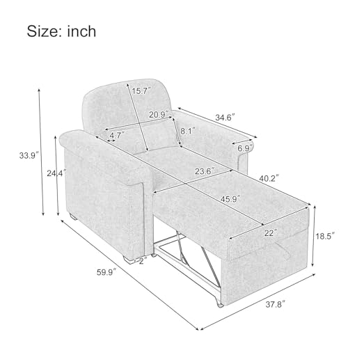 Sleeper Chair Bed, 37.8in Pull Out Sleeper Bed with Polliw, 3 in 1 Convertible Single Sofa Chair Bed with Adjustable Backrest, Chaise Lounge Chair Indoor for Living Room, Bedroom, Salon, Beige