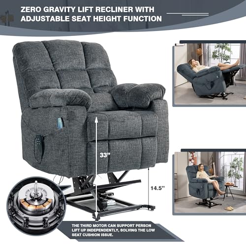 Light Grey Recliner Chair for Elderly | Tall and Big Man 400lbs | Chenille | Power Lift, Lay Flat, Stand Up, Wireless Charging Device, Extended Footrest, Massage Heat, Cup Holder, Lumbar Pillow