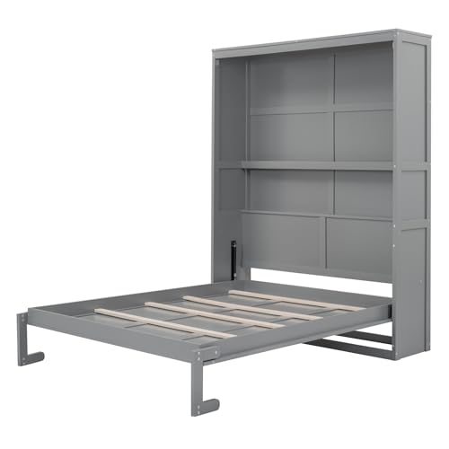 INCLAKE Queen Size Murphy Bed with Storage Shelves, Space-Saving Wooden Wall Bed,Versatile Cabinet Bed Folding Hideaway Bed for Multipurpose Room, Gray