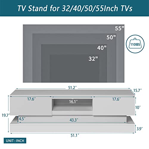 LED TV Stand Compatible with 32 40 50 55 Inch TV, Entertainment Center, High Glossy Front TV Cabinet, TV Console with 2 Large Storage Drawer, 16 RGB LED Backlight, 4 Light Mode and Remote Control Comp