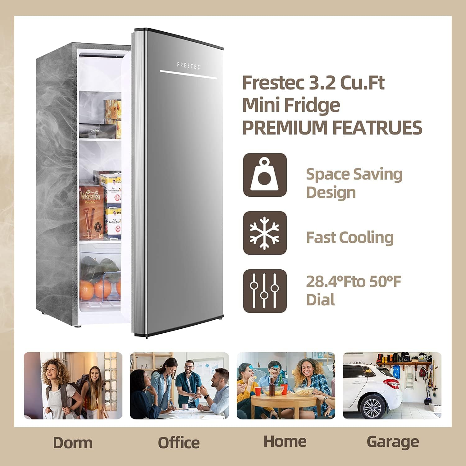 3.2 Cu.Ft Mini Fridge with Freezer, Single Door Small Refrigerator, 6 Settings Mechanical Thermostat, One-Touch Defrosting System, Energy Saving, Dorm Refrigerator Ideal for Office, Bedroom, Stainless Look