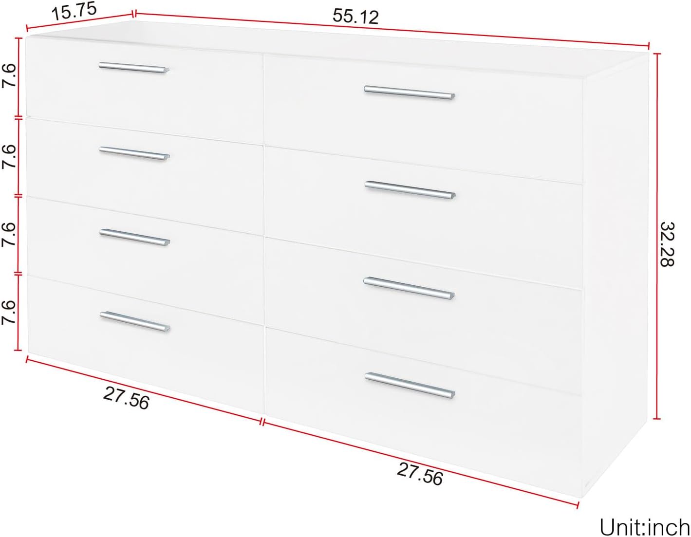 Elegant 8-Drawer Solid Wood Dresser Roomy Storage Chest Bedroom Organizer Furniture Keep Essentials Neatly Tucked, White, E404320403223