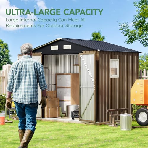 10X12X7.5 FT Outdoor Steel Storage Shed with Lockable Doors, 2 Windows, Transparent Roof Panels (Wood Panels & Frame Floor Not Included), Ideal for Patio Storage,Garbage Can, Chicken Coop，Brown