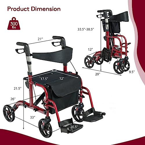 GOPLUS 2 in 1 Rollator Walkers for Seniors, Folding Rollator Walker with Seat, 8-inch Wheel Medical Drive Walker Wheelchair Combo with Backrest, Adjustable Handle for Adults, Aluminium Frame