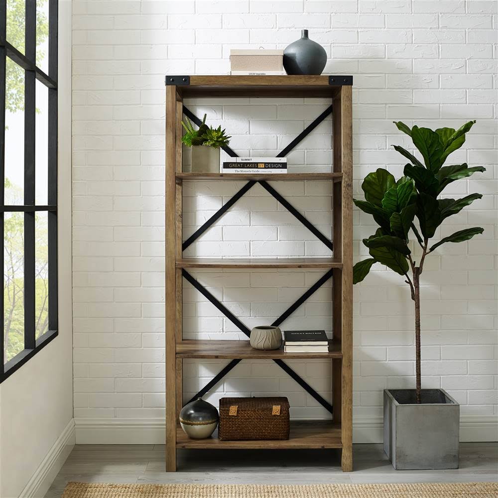 Walker Edison 64x22 Farmhouse Metal Bookcase Rustic Oak