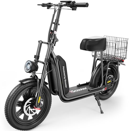 iScooter Electric Scooter with Seat, 37/21 Miles Long Range & 28/19/15.6 MPH Top Speed, 14"/12"/10" Pneumatic Tire, Height Adjustable Seat & Handlebar, Dual Suspensions Commuting Scooter with Basket