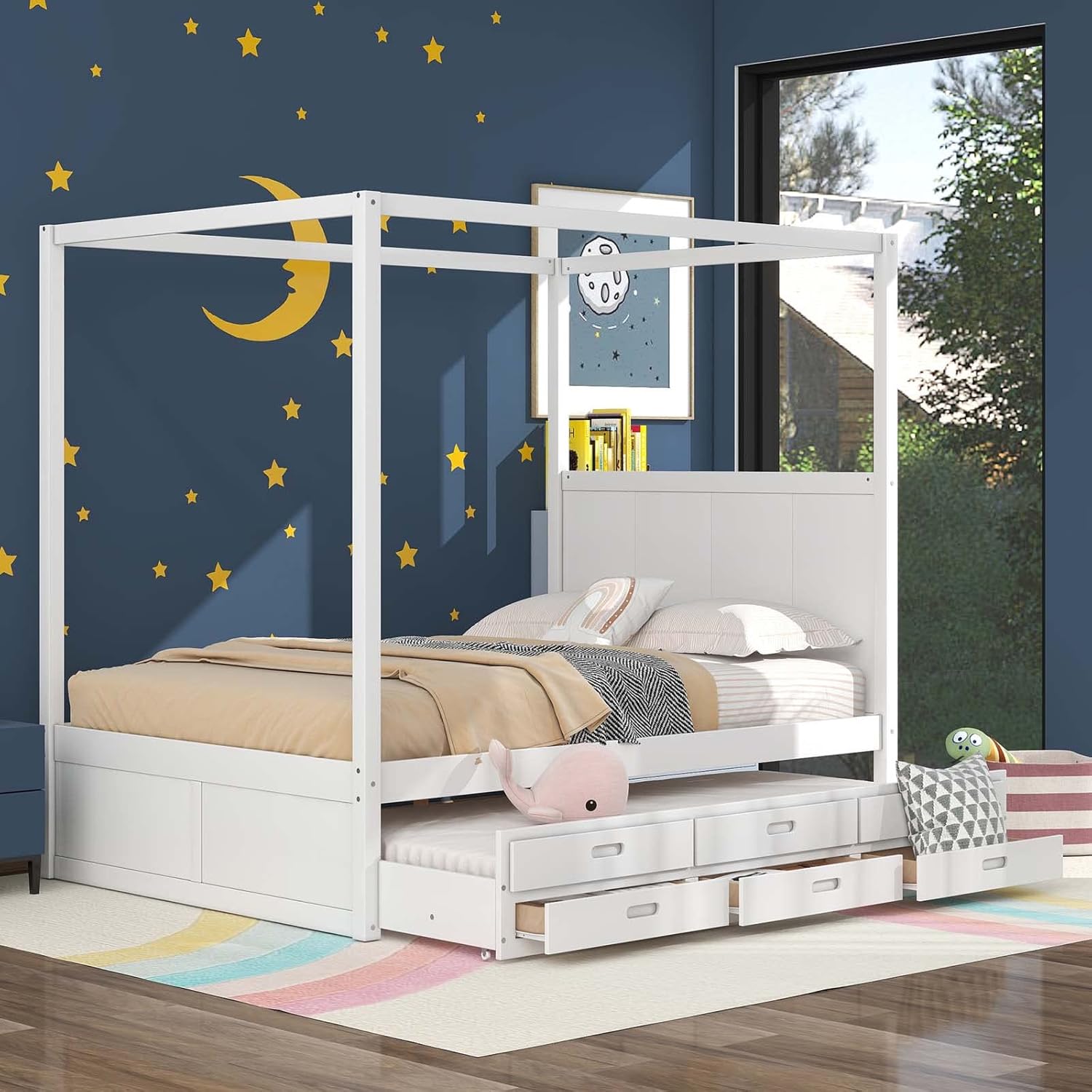Queen Size Wood Canopy Platform Bed with Twin Size Trundle Bed and 3 Storage Drawers, Sturdy Wood Slats Support, No Box Spring Required, Simple Assembly for Boys Girls Teenagers and Adults, White