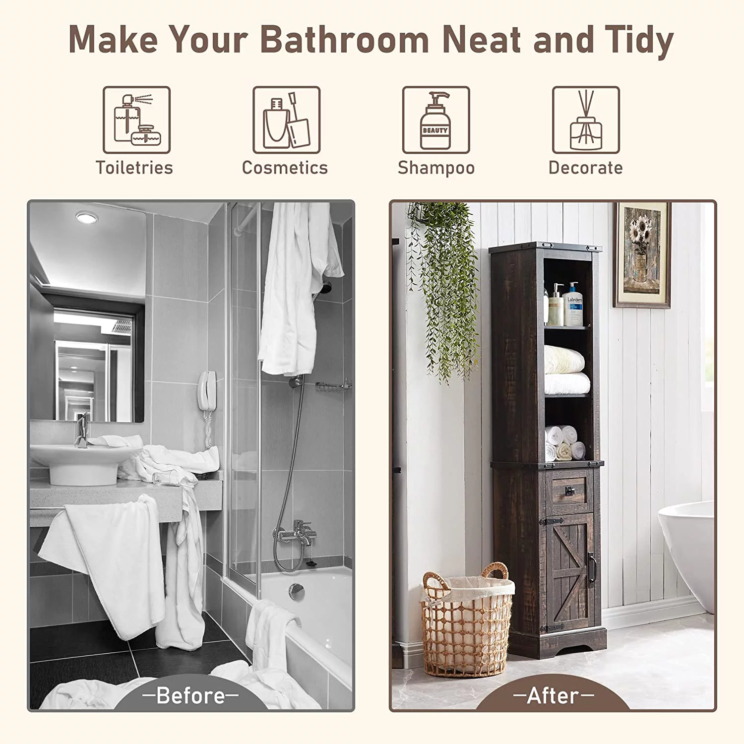 OKD Bathroom Storage Cabinet, Narrow Tall Cabinet Storage Tower with Door and Drawer, Dark Rustic Oak