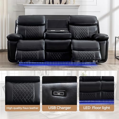 Power Reclining Sofa Couch with Wireless Charger, 3 Seaters with Recliner, Faux Leather Electric 3 Seat Sofa Sectional Set with LED light for living room,Home Theater Seating With Drop-Off Table,Black