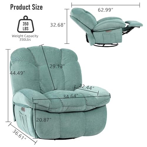 EDWELL Power Recliner Chair with Heated and Massage, Modern Swivel Rocking Recliner Chairs for Adults, Small Recliner Single Lounge Chair with USB,USB-C Ports for Living Room, Bedroom