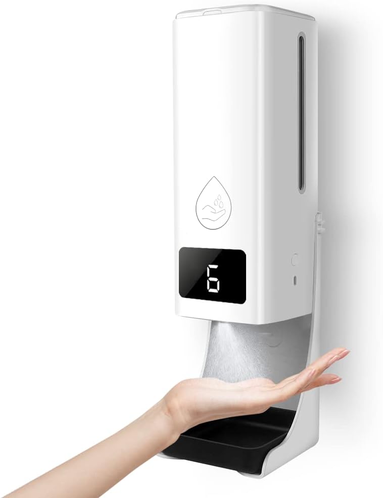 Hand Sanitizer Dispenser with Stand ,2 in 1 Wall Mount Infrared Thermometer with 1080ML Hand Sanitizing Soap Dispenser (White, with Stand)