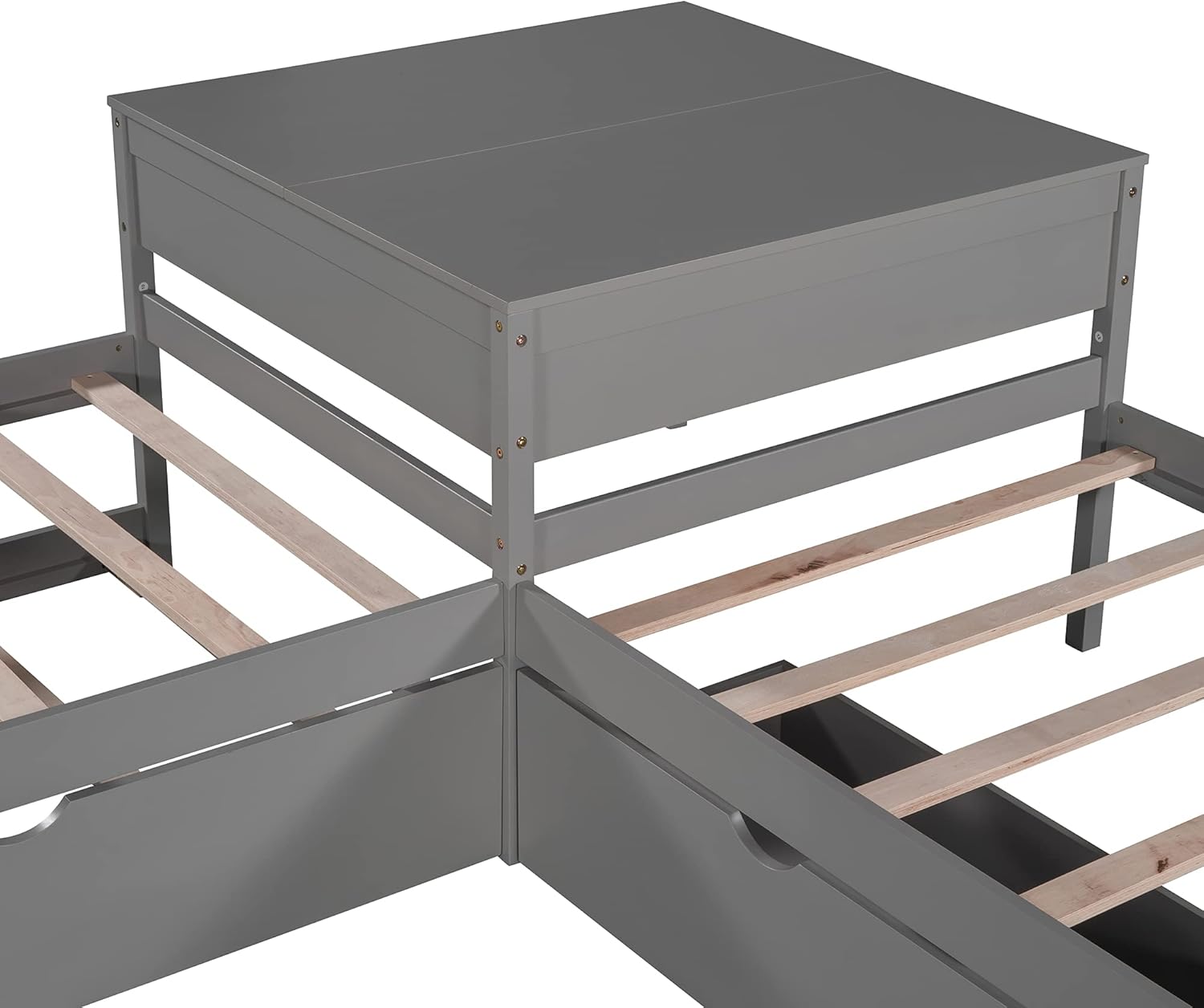 L-Shaped Platform Bed with Trundle and 2 Storage Drawers, Wooden Twin Corner Daybed Frame Linked with Built-in Square Desk, No Noise,for 3 Kids, Teens, Boys, Girls Living Room Bedroom