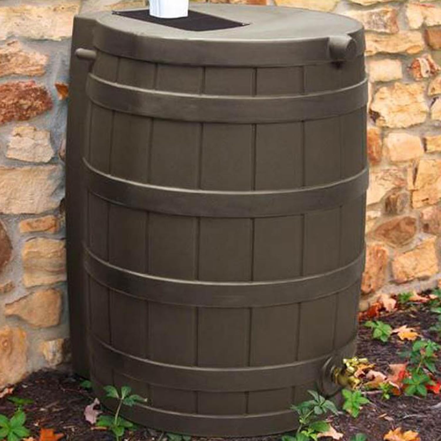 Good Ideas Rain Wizard 40 Gallon Plastic Outdoor Home Rain Water Storage Collection Barrel Drum with Brass Spigot, Oak (4 Pack)