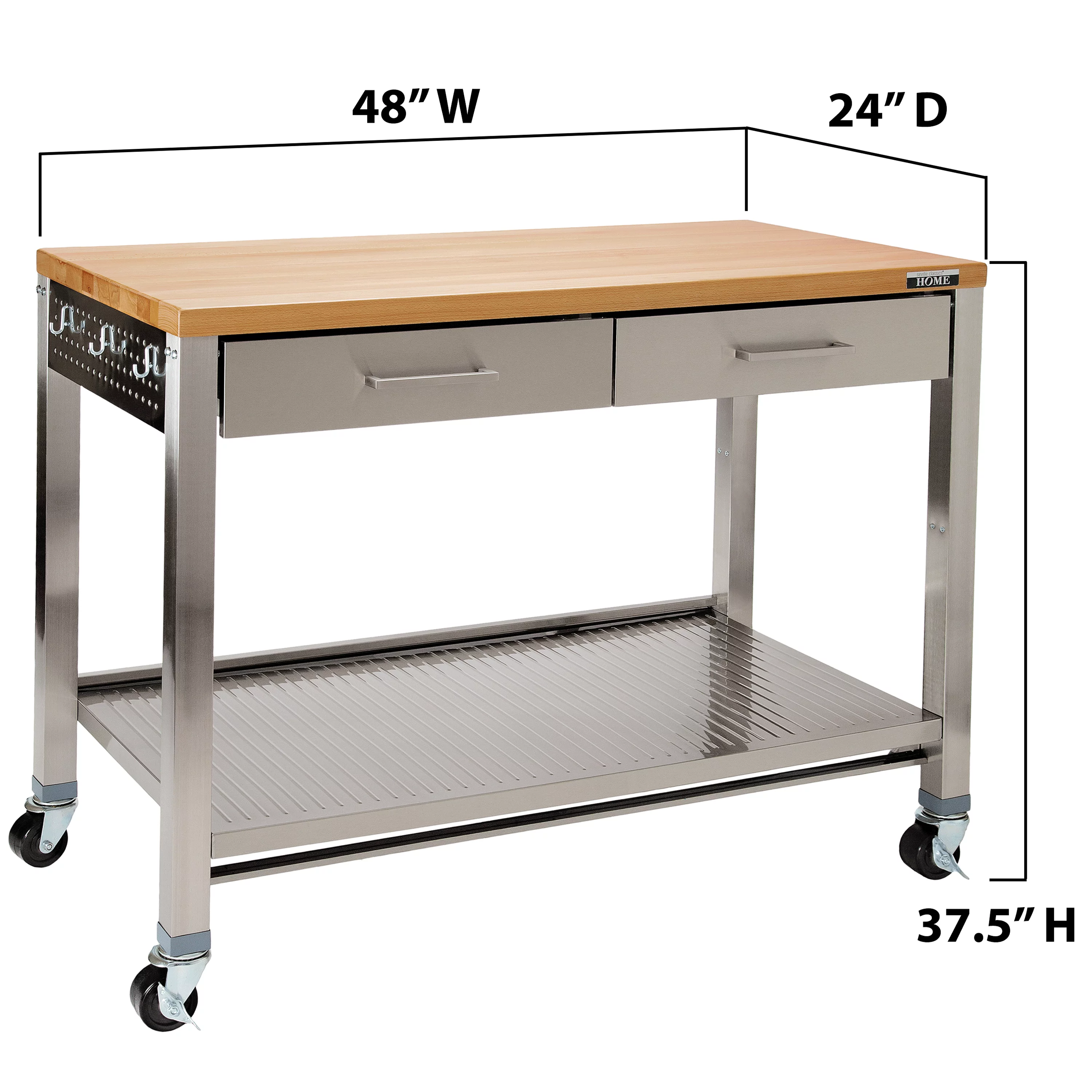 Seville Classics UltraHD Stainless Steel Workcenter Professional Kitchen Island, 2-Drawer, Peg Boards, Steel, Solid Wood Top