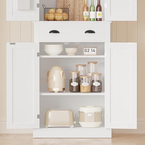 IRONCK Kitchen Pantry Storage Cabinet 72.6" H x 24" W, with Barn Doors, Drawer, 4 Adjustable Shelves, Freestanding Cupboard for Dining Room Living Room, Laundry, White