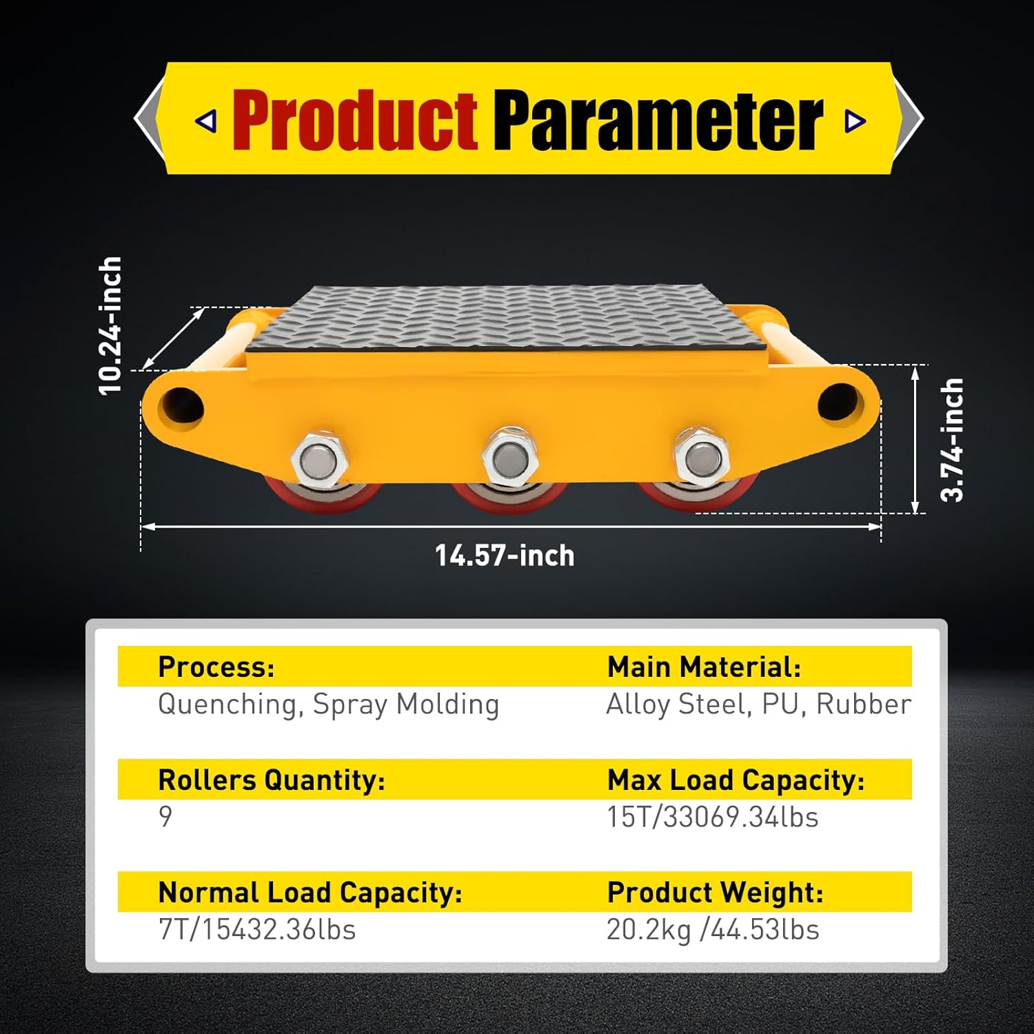 15T Industrial Machinery Mover 33000LBS Machinery Moving Machine Dolly Skate Heavy Duty Roller Mover Cargo Trolley with 9 Rollers & PU Wheels for Moving Equipment