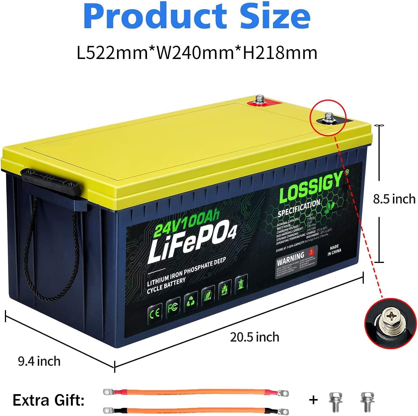 LOSSIGY LiFePO4 Battery 12V 200Ah Deep Cycle Lithium Ion Battery, Built-in 100A BMS, 4000+ Cycles, 280Amp Max, Perfectly replace all RV, Solar systems, Marine Batteries Application, Maintenance-Free