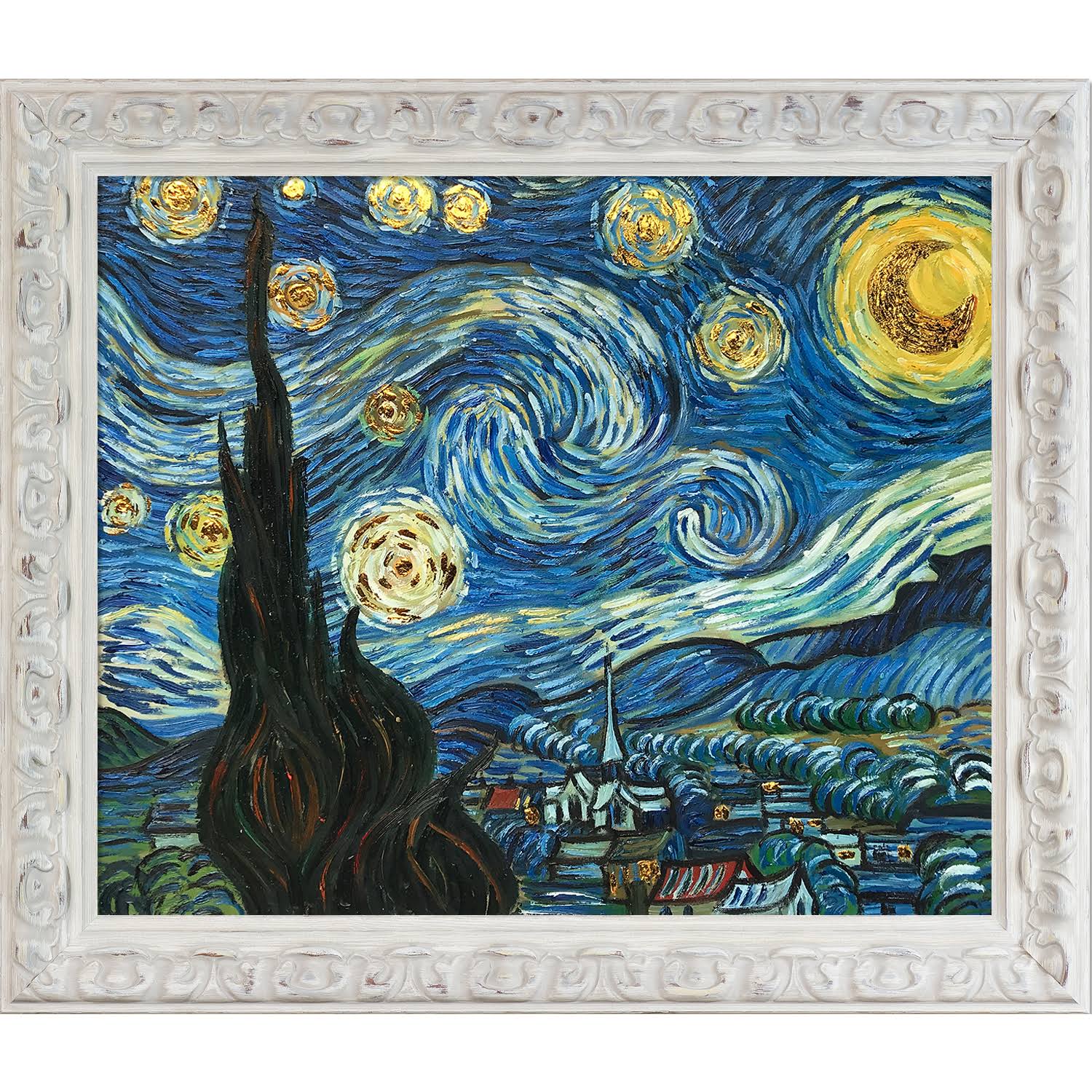 La Pastiche Vincent Van Gogh &Starry Night& (Luxury Line) Hand Painted Oil Reproduction, Size: Medium, White