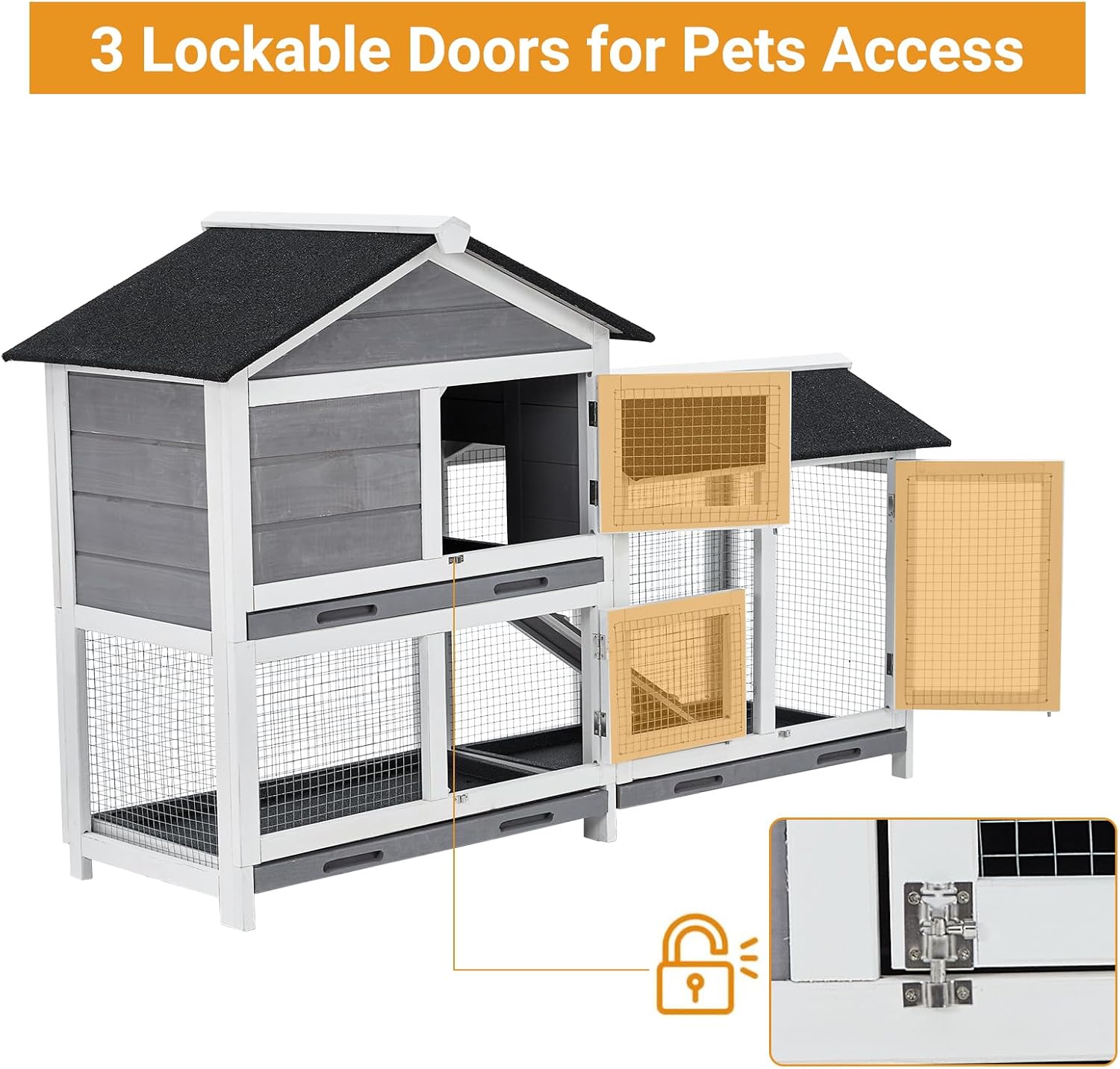 Gravee Two Floors 62" Wooden Outdoor Indoor Roof Waterproof Bunny Hutch Rabbit Cage Guinea Pig Coop PET House for Small to Medium Animals with Stairs and Cleaning Tray PET537