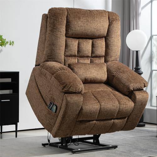 Light Grey Recliner Chair for Elderly | Tall and Big Man 400lbs | Chenille | Power Lift, Lay Flat, Stand Up, Wireless Charging Device, Extended Footrest, Massage Heat, Cup Holder, Lumbar Pillow