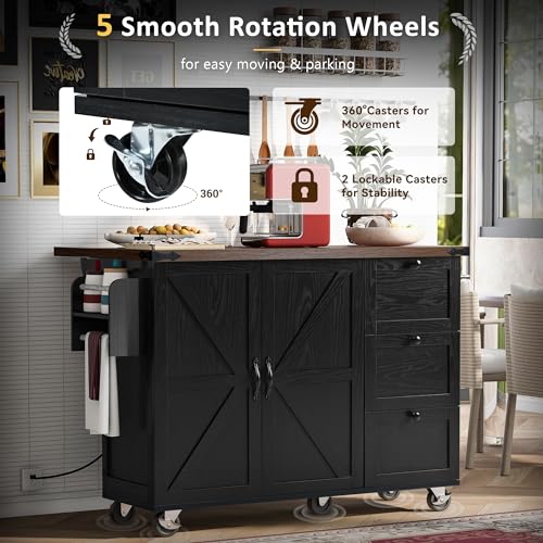 54.5" Farmhouse Mobile Kitchen Island with Power Outlet, Drop Leaf, Spice Rack and Drawer - Rolling Kitchen Cart with Ample Storage, Rustic Storage Islands for Home and Dining Room