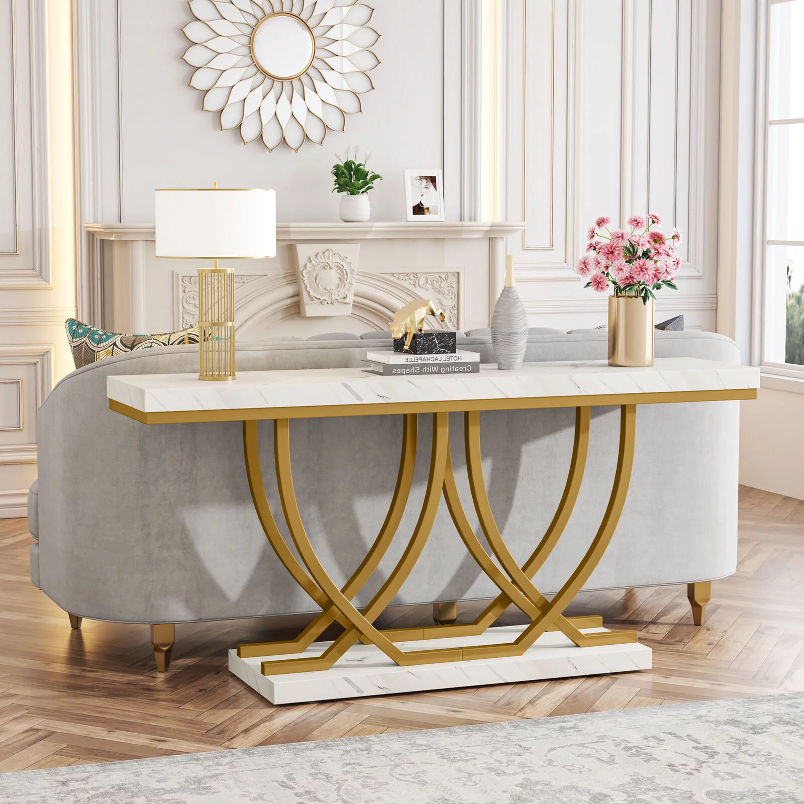 Tribesigns 59" Console Table with Gold Base, Faux Marble Entryway Table Behind Sofa Couch for Living Room, Hallway, White & Gold
