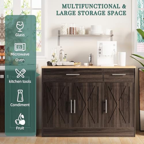 Shintenchi Modern Farmhouse Sideboard Buffet Cabinet with Storage with 3 Doors,42" Barn Doors Buffet Cabinet with Storage, Wood Coffee Bar Cabinet with Adjustable Shelf for Kitchen Living Room,White