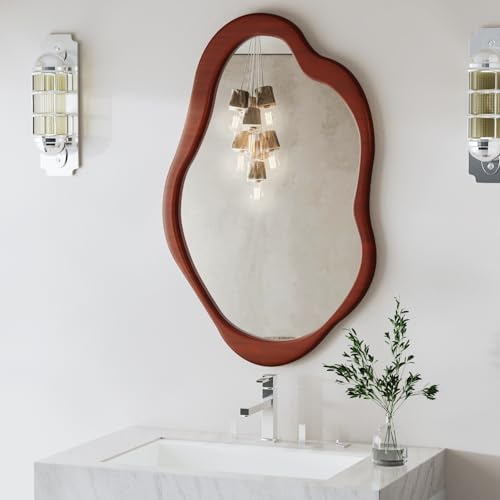 42"x 28" Irregular Wall Mirror, Wood Black Framed Wall Mirror, Asymmetrical Wall Wavy Mirror for Living Room Bedroom Entryway Bathroom Modern Decorative Cloud Mirror Hanging Hooks