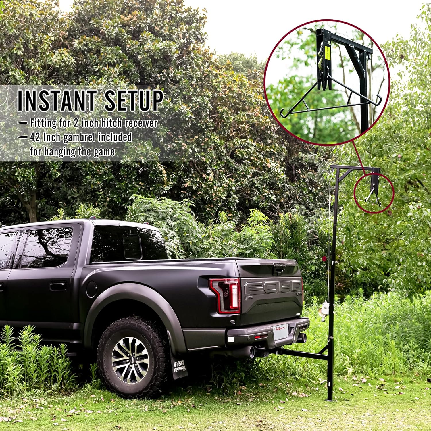 YIELDEDLAND Portable Game Hoist with 450 Pounds Capacity Truck Hitch Mount Deer Hanger with 360 Degree Swivel Complete Hoist Kit with Winch and Gambrel for Hunting Season Game up to 450lb