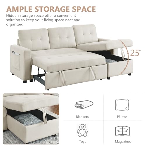 Reversible Sleeper Sectional Sofa, Chenille Fabric Convertible Pull Out Sleeper Sofa Bed with USB Ports, L-shaped Sectional Couch with Storage Chaise for Apartment Living Room, Light Gray