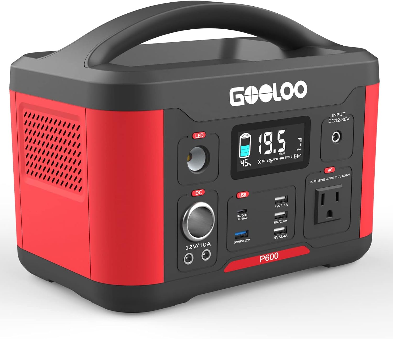 GOOLOO Portable Power Station P600, 626Wh Outdoor Generator with 110V/600W (Peak 1200W) AC Outlets & LED Flashlight, SuperSafe Backup Lithium Battery for Outdoor RV/Van Camping, Emergency