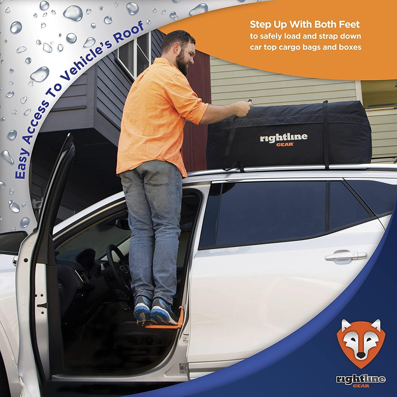 Rightline Gear Range 3 Car Top Carrier & Moki Door Step (Helps You Reach Roof) Bundle. Water-Resistant Overhead Cargo Solution for SUVs, Minivans & Hatchback Vehicles with or Without Rack, 18 Cu. Ft.