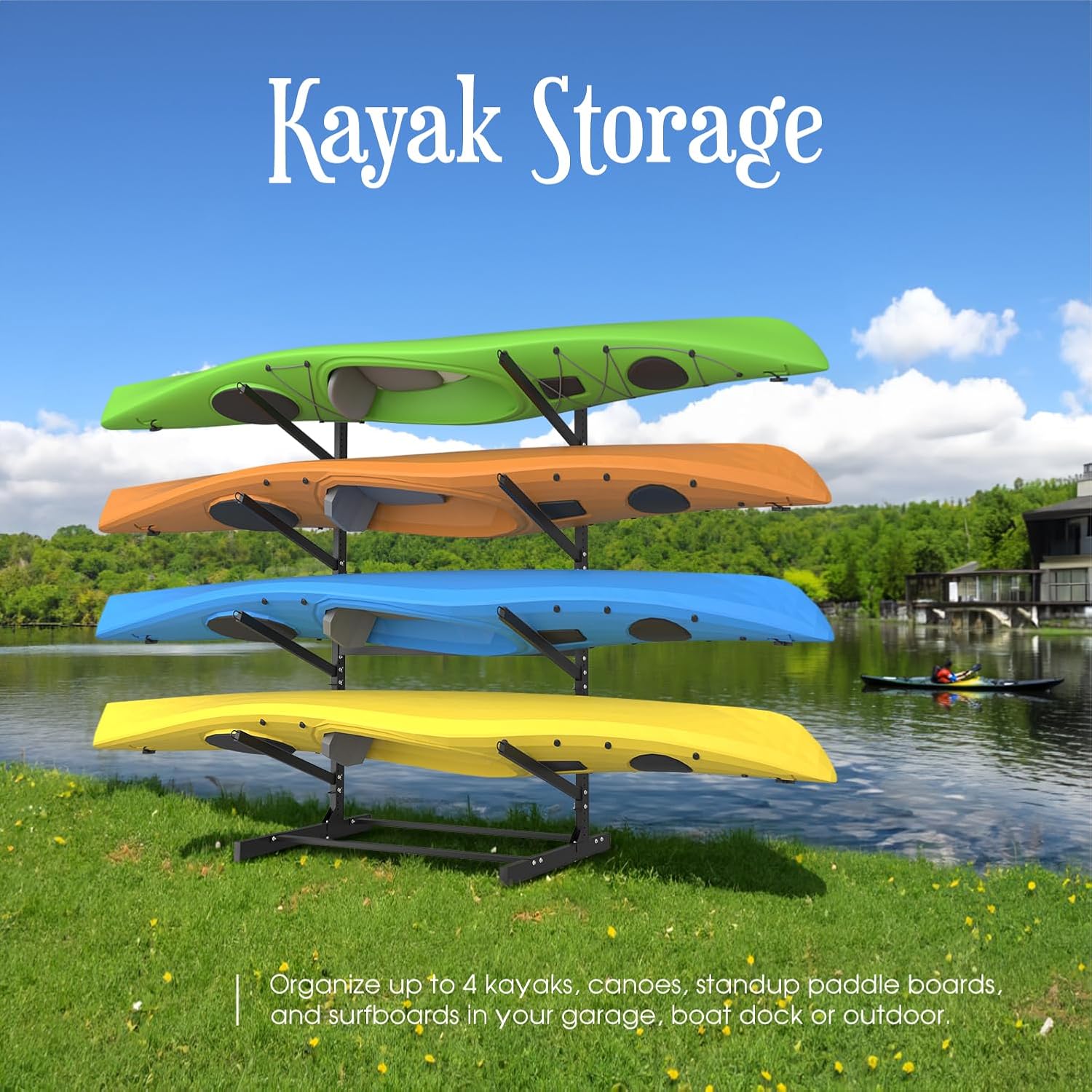 Adjustable Kayak Storage Rack, Freestanding Sup Storage Stand, Weatherproof Canoe Holder, Heavy Duty Paddleboard Bracket, Surfboard Bracket for Indoor, Outdoor, Garage, Shed, Dock (4 Levels)